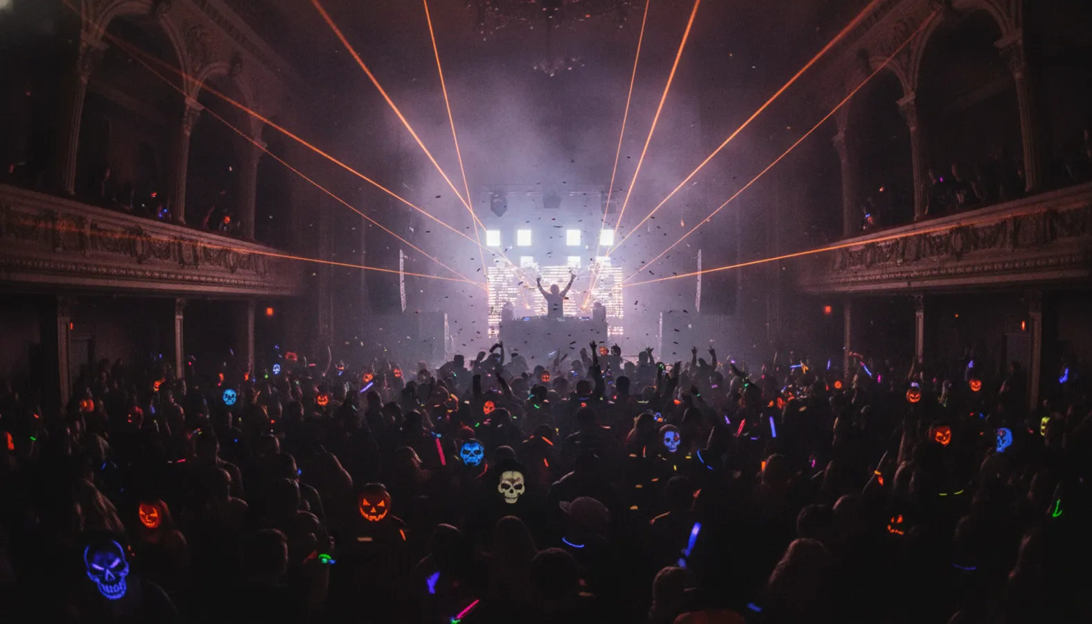 Verkleidete Menge mit leuchtenden Kürbismasken bei einem Halloween-Rave unter orangefarbenen Lasern: Erstelle dein eigenes BOO-Seattle-Musikquiz-Paket (Hitster-Style) mit Hitify