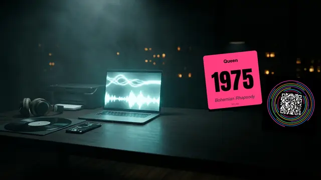 Hitify-musikkort, laptop och skrivare på ett mörkt skrivbord: Skapa Ditt Eget Musikspel Av Dina Spotify-spellistor