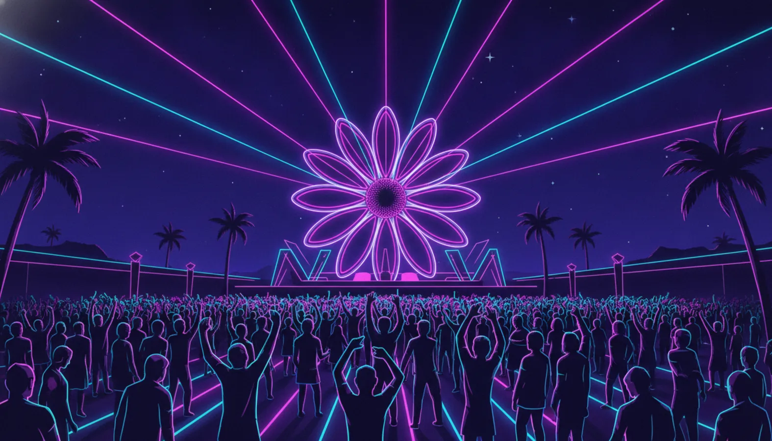 Neon-Festivalpublikum bei Nacht mit Lasern unter einer riesigen leuchtenden Blumenbühne: Erstelle dein eigenes EDC-Orlando-Musikquiz-Paket (Hitster-Style) mit Hitify