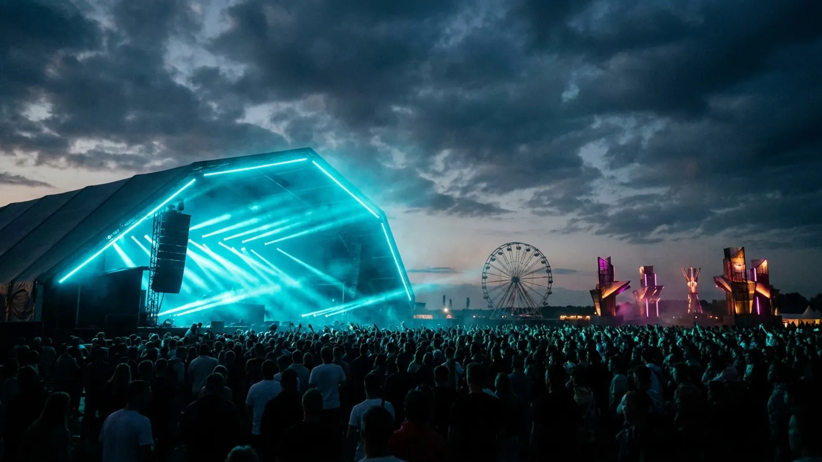 Palco de festival à noite: Crie seu proprio pack Hitster do Lowlands 2026 com Hitify