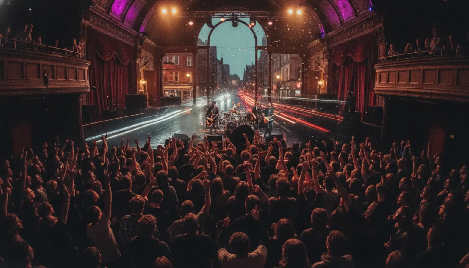 夜のマンチェスターの会場で盛り上がるインディーライブ: HitifyでNeighbourhood Festival Manchesterの自分だけの音楽クイズパック（Hitster風）を作ろう