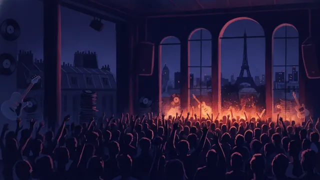 窓にエッフェル塔が見えるパリのクラブの観客: HitifyでつくるPitchfork Paris自分だけのHitsterパック