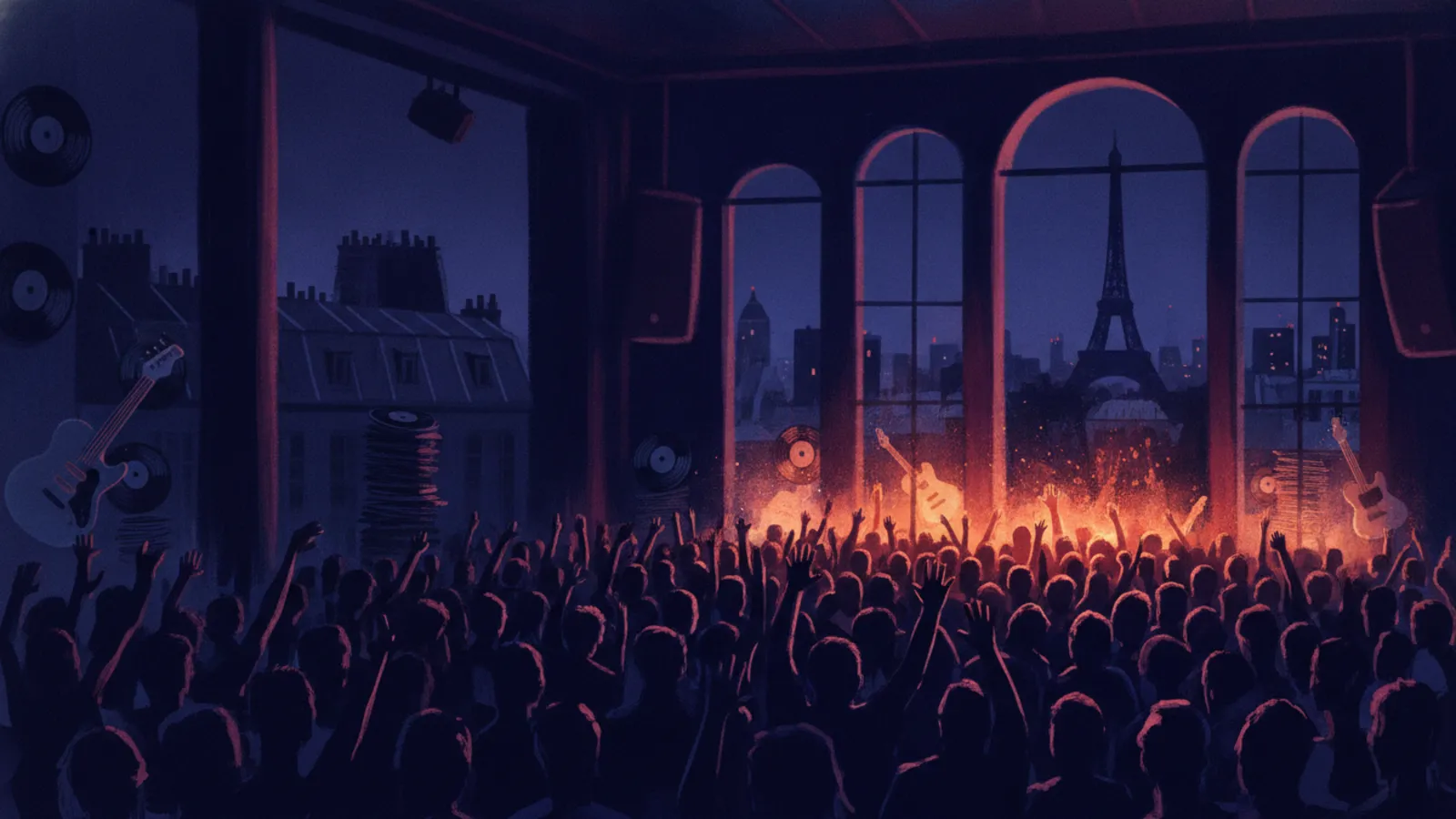 Publikum in einem Pariser Club mit Eiffelturm im Fenster: Erstelle dein eigenes Pitchfork-Paris-Hitster-Paket mit Hitify