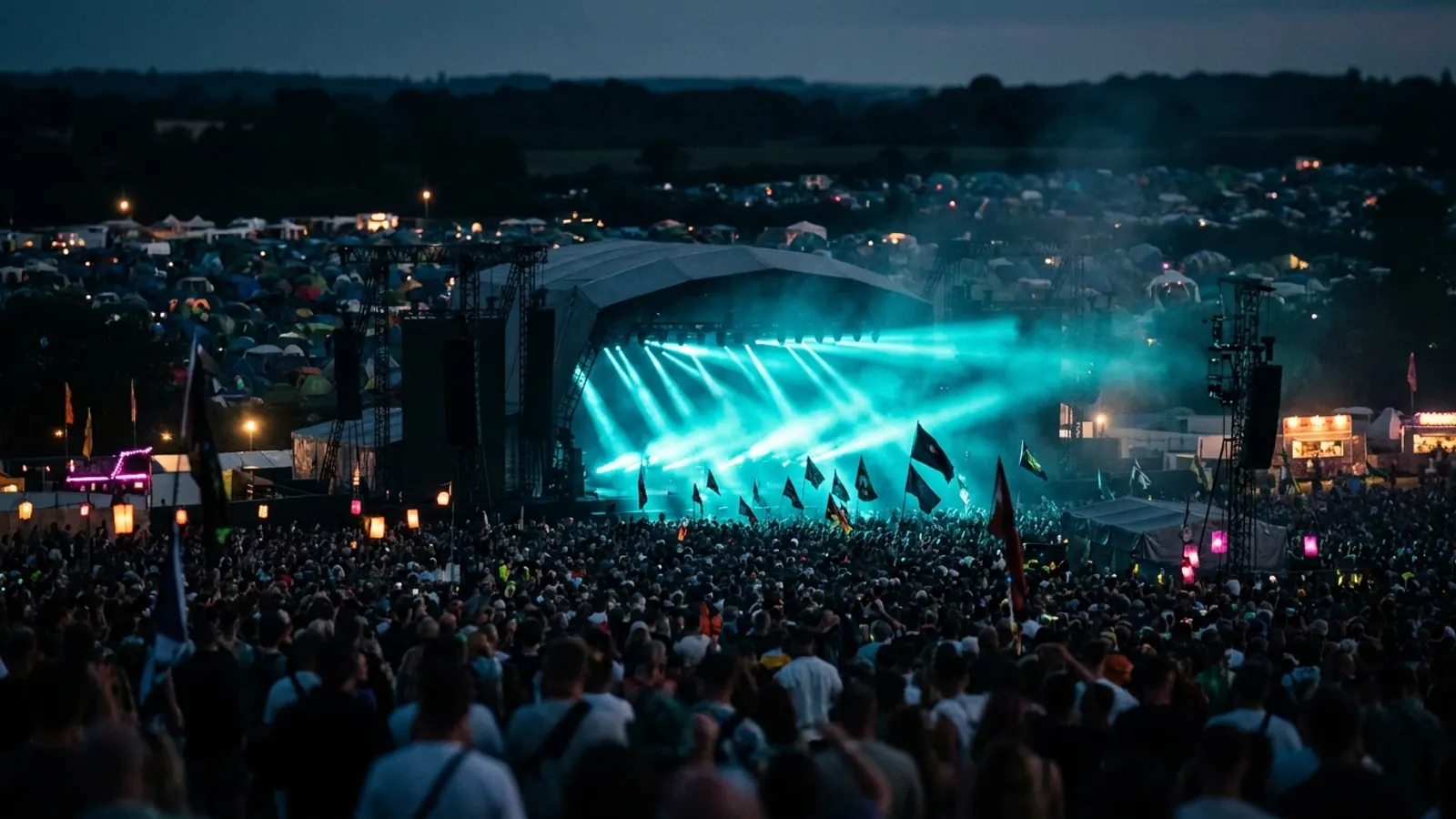 Scena festiwalowa nocą: Stworz wlasny pack quizu muzycznego Reading & Leeds 2026 z Hitify (w stylu Hitster)