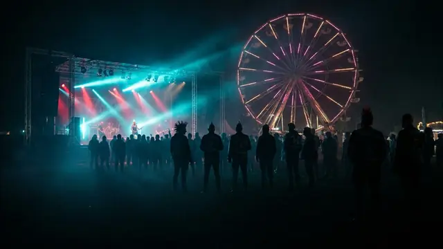 Palco de festival à noite: Crie seu proprio pack Hitster do Riot Fest 2026 com Hitify