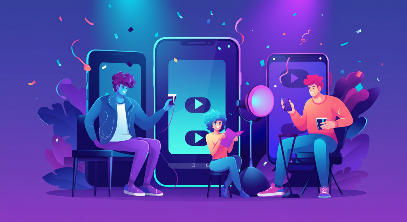 Groep vrienden die een viraal TikTok muziekquiz kaartspel spelen op een feestje met QR-codekaarten en gloeiende smartphoneschermen