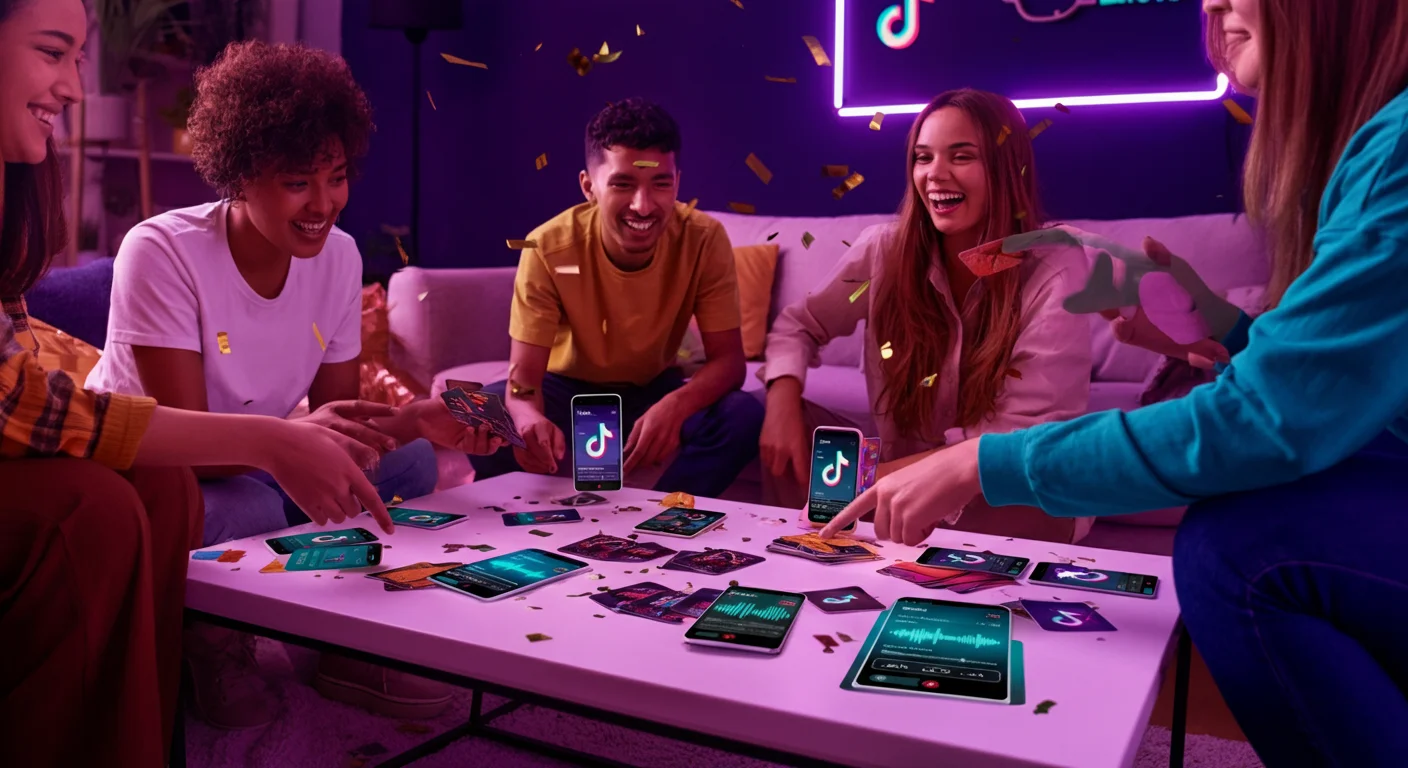 Vrienden spelen een muziekquiz met gloeiende telefoons en kleurrijke quizkaarten op een feestje